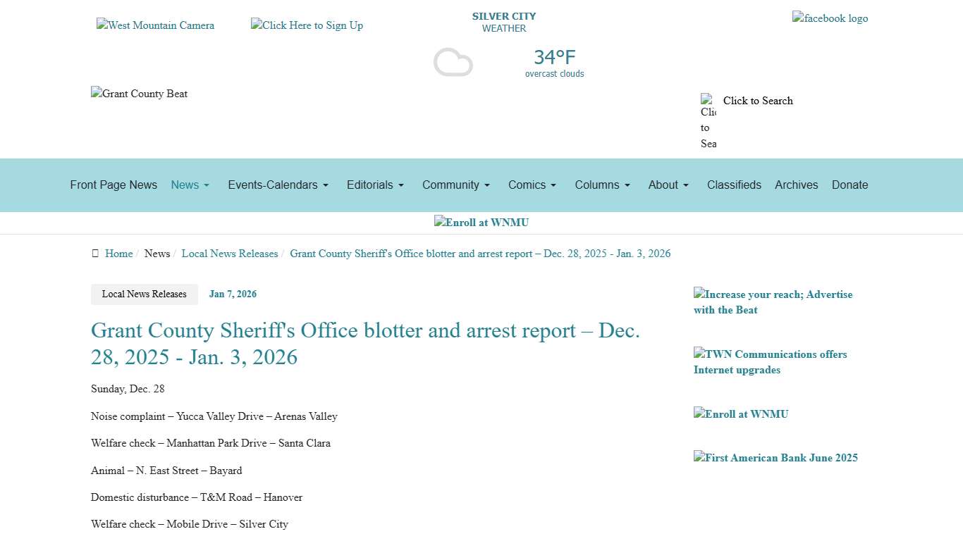 Grant County Sheriff's Office blotter and arrest report – Dec. 28, 2025 - Jan. 3, 2026